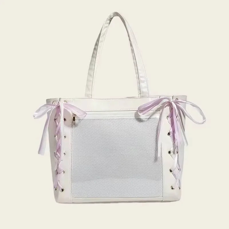 Japanese Sweet Women Ribbon Ita Bag Cute Lolita Girl Transparent Handbags Fashion Large Capacity Tote Bag Aesthetic Shoulder Bag.
