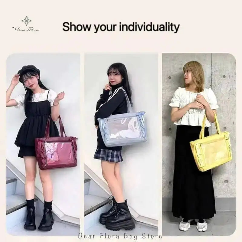 Japanese Sweet Women Ribbon Ita Bag Cute Lolita Girl Transparent Handbags Fashion Large Capacity Tote Bag Aesthetic Shoulder Bag.