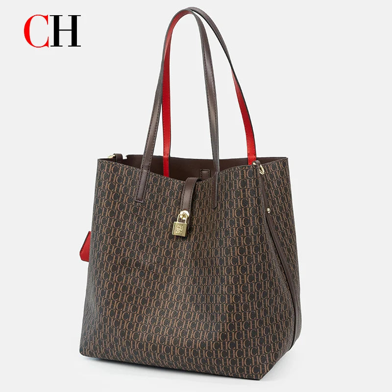 CH 2Pcs/Set Women Tote Bag Luxury Designer Monogram Print Large Capacity Shoulder Bag Office Commuter Handbag With Small Pouch