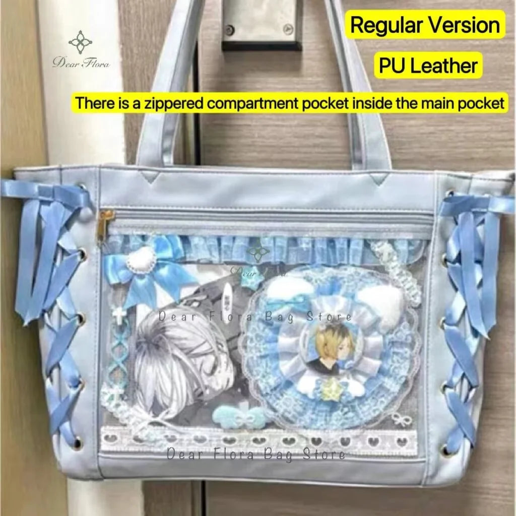 Japanese Sweet Women Ribbon Ita Bag Cute Lolita Girl Transparent Handbags Fashion Large Capacity Tote Bag Aesthetic Shoulder Bag.