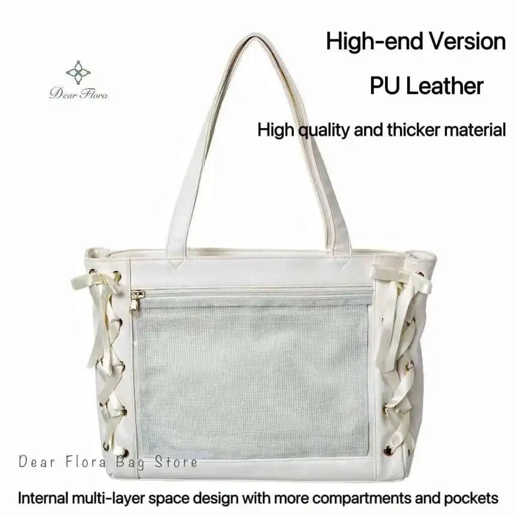Japanese Sweet Women Ribbon Ita Bag Cute Lolita Girl Transparent Handbags Fashion Large Capacity Tote Bag Aesthetic Shoulder Bag.
