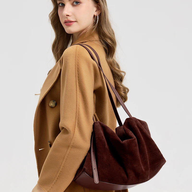 Women's Natural Nuede Genuine Leather Handbags Ladies Large Capacity Tote Bag Female Design Luxury Commuting Yoga Bag Hobo Bag