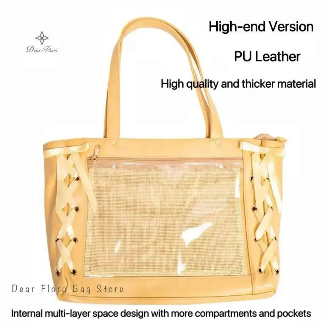 Japanese Sweet Women Ribbon Ita Bag Cute Lolita Girl Transparent Handbags Fashion Large Capacity Tote Bag Aesthetic Shoulder Bag.