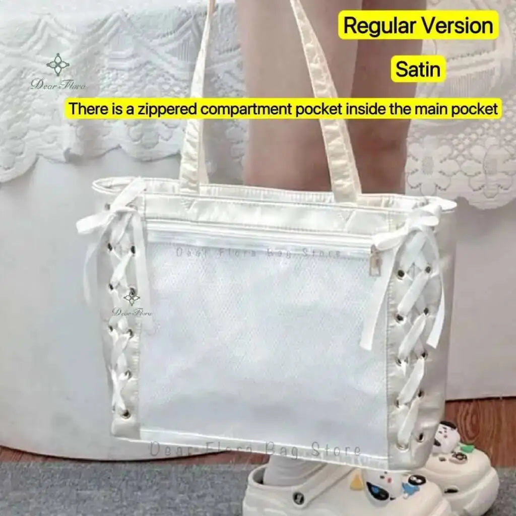 Japanese Sweet Women Ribbon Ita Bag Cute Lolita Girl Transparent Handbags Fashion Large Capacity Tote Bag Aesthetic Shoulder Bag.