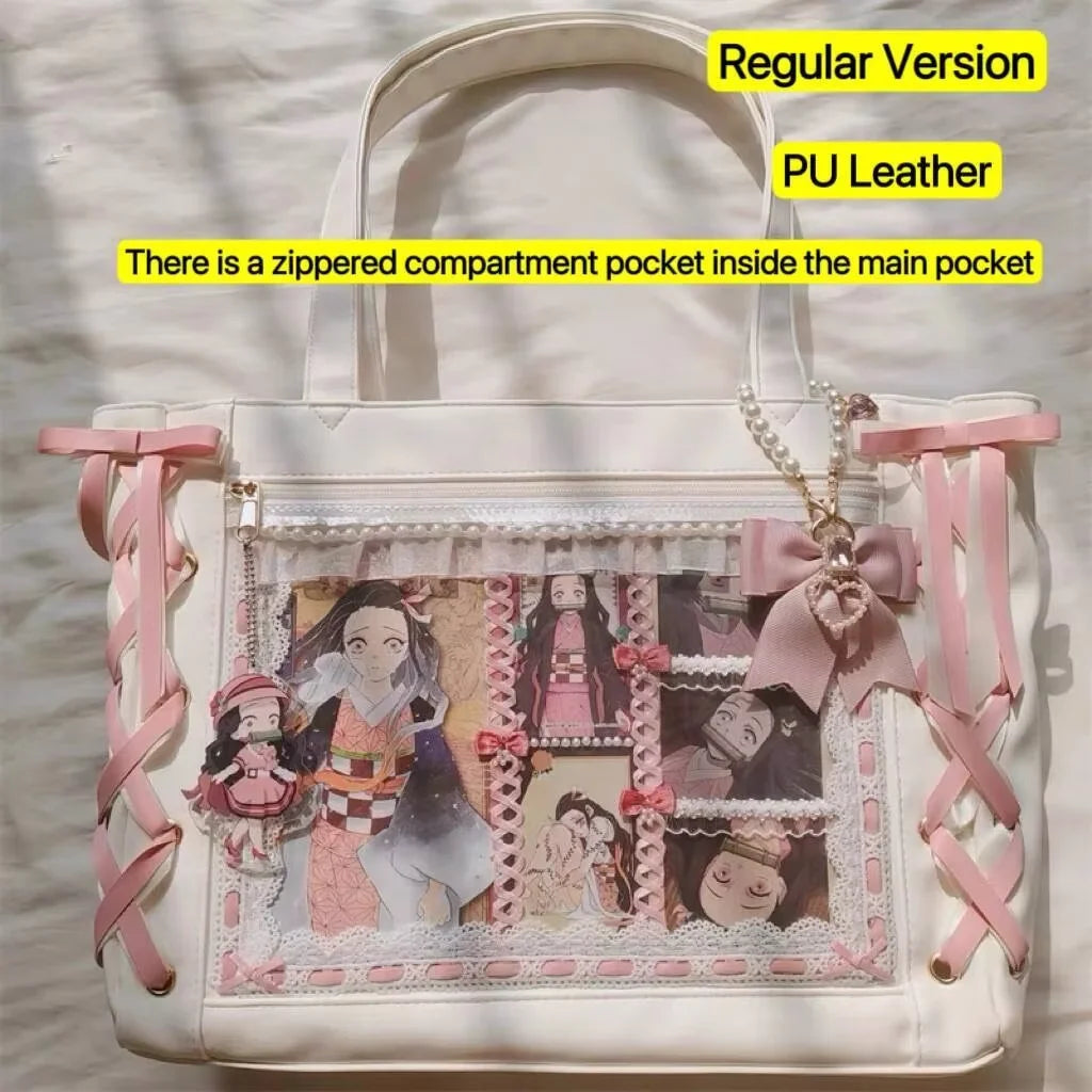 Japanese Sweet Women Ribbon Ita Bag Cute Lolita Girl Transparent Handbags Fashion Large Capacity Tote Bag Aesthetic Shoulder Bag.