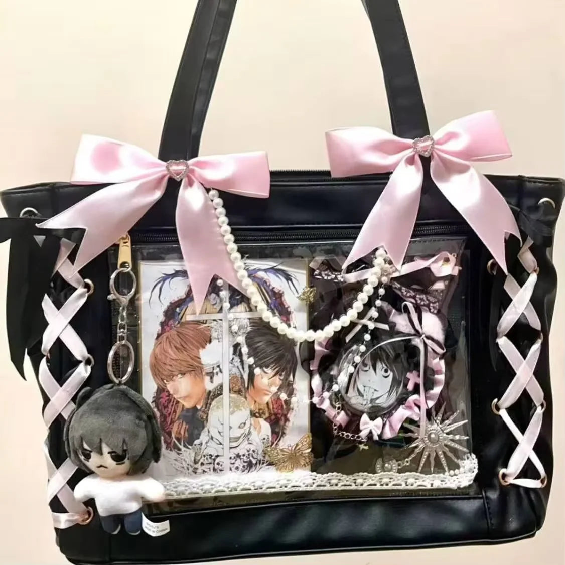Japanese Sweet Women Ribbon Ita Bag Cute Lolita Girl Transparent Handbags Fashion Large Capacity Tote Bag Aesthetic Shoulder Bag.