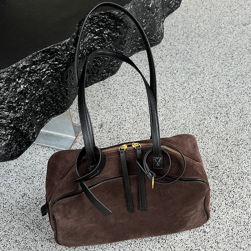 Autumn Winter Women's Cow Genuine Leather Tote Bag Suede Commuting Cowhide Handbags Large Capacity Designer Luxury Velvet Bags