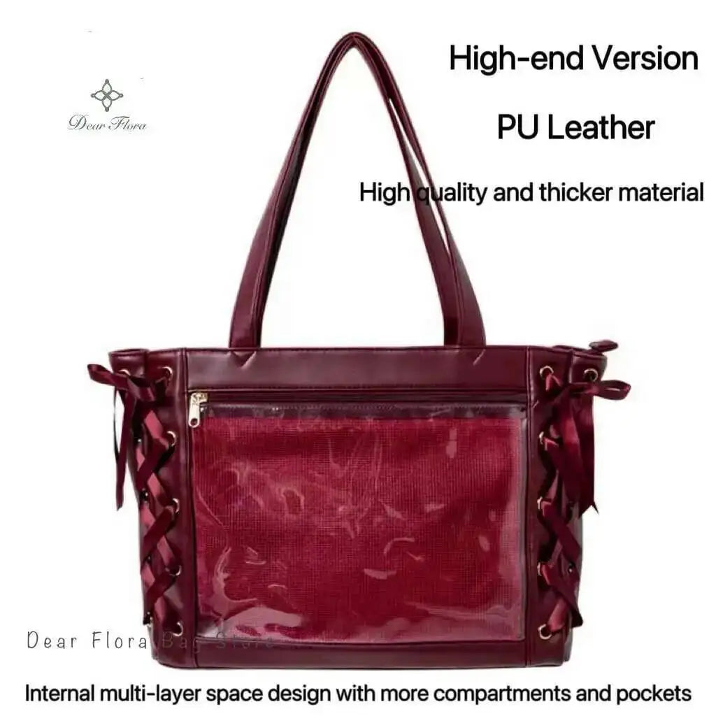 Japanese Sweet Women Ribbon Ita Bag Cute Lolita Girl Transparent Handbags Fashion Large Capacity Tote Bag Aesthetic Shoulder Bag.