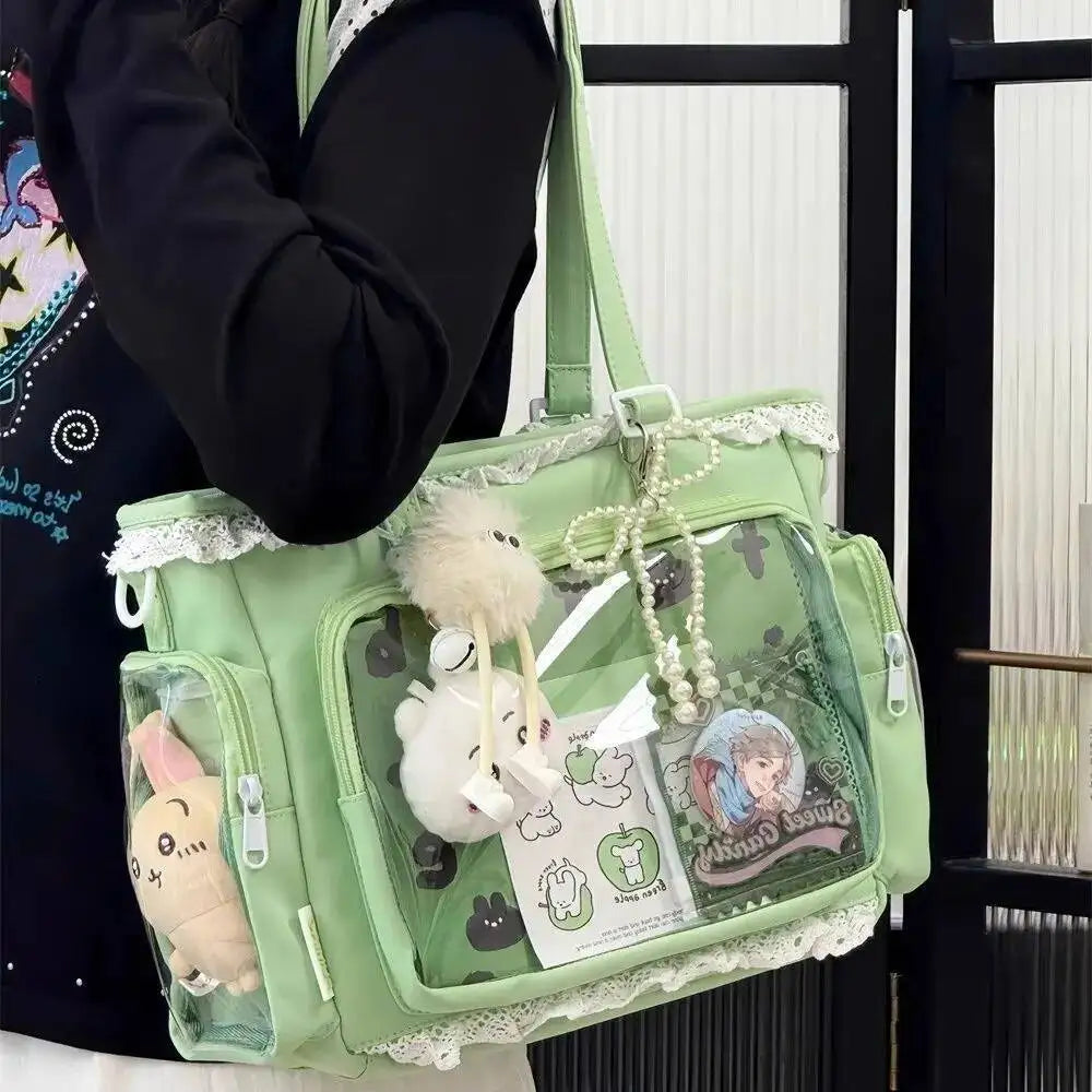 Japanese Sweet Women Ribbon Ita Bag Cute Lolita Girl Transparent Handbags Fashion Large Capacity Tote Bag Aesthetic Shoulder Bag.