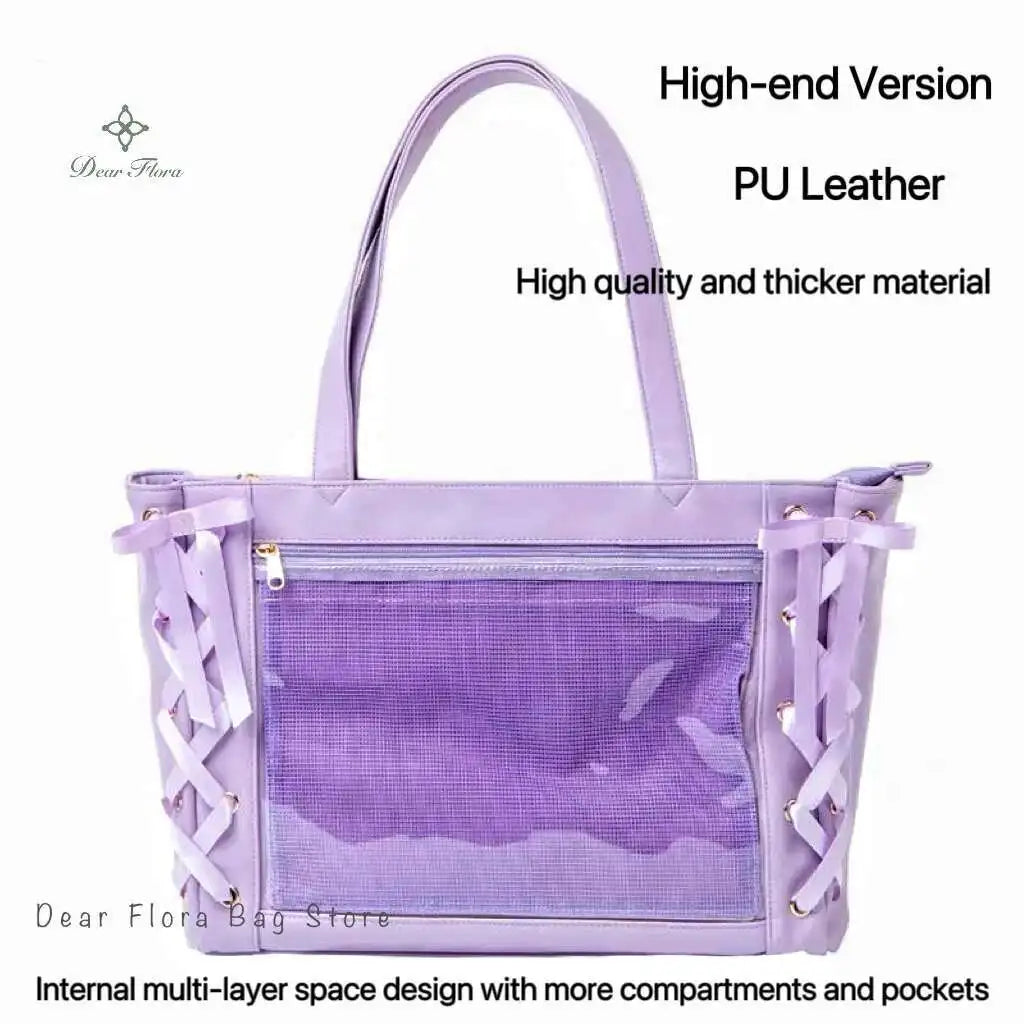 Japanese Sweet Women Ribbon Ita Bag Cute Lolita Girl Transparent Handbags Fashion Large Capacity Tote Bag Aesthetic Shoulder Bag.