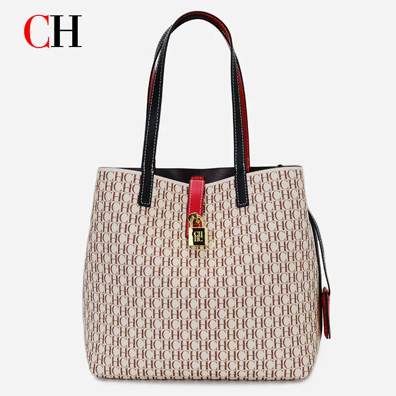 CH Women Tote Bag Luxury Handbag 2026 New Fashion Monogram Print Large Capacity Crossbody Shoulder Bag Ladies Commuter Purse