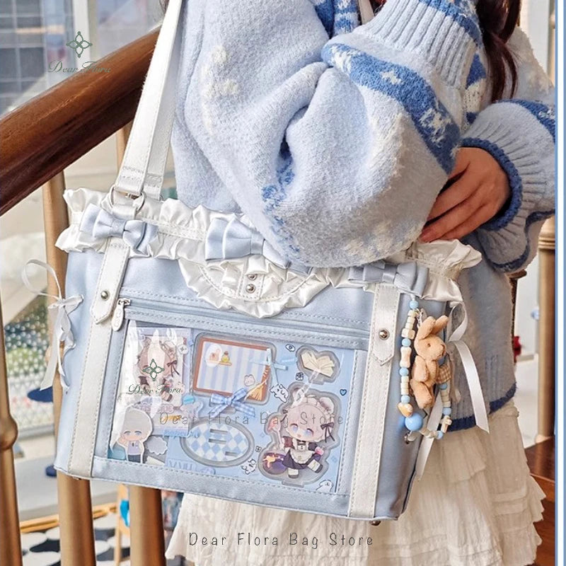 Japanese Sweet Women Ribbon Ita Bag Cute Lolita Girl Transparent Handbags Fashion Large Capacity Tote Bag Aesthetic Shoulder Bag.