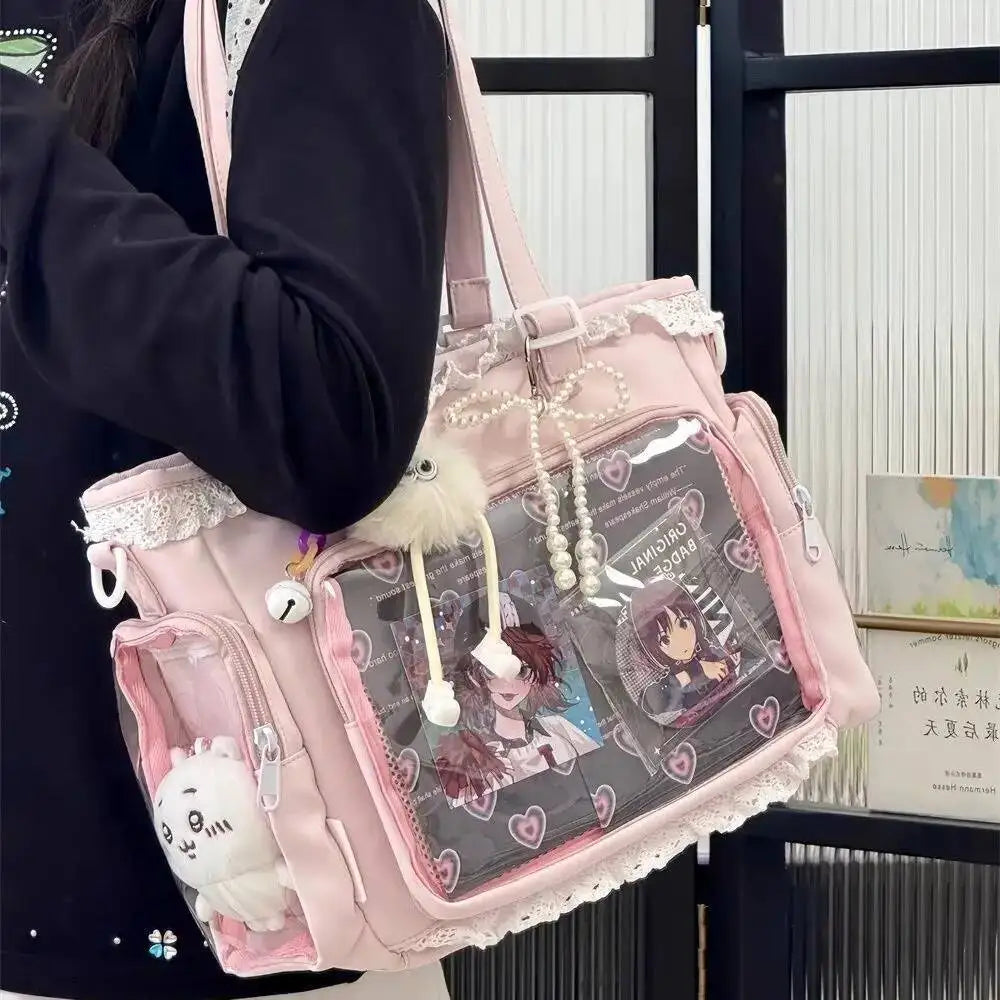 Japanese Sweet Women Ribbon Ita Bag Cute Lolita Girl Transparent Handbags Fashion Large Capacity Tote Bag Aesthetic Shoulder Bag.