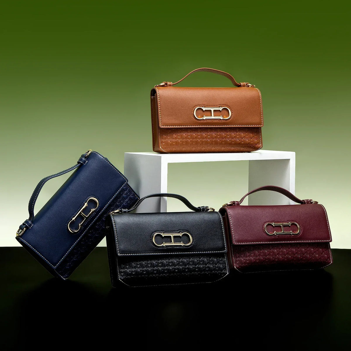 CH Premium Leather Handbag Monogram Embossing Metallic Clasp Portable Handle Structured Silhouette Ideal Office Evening Events