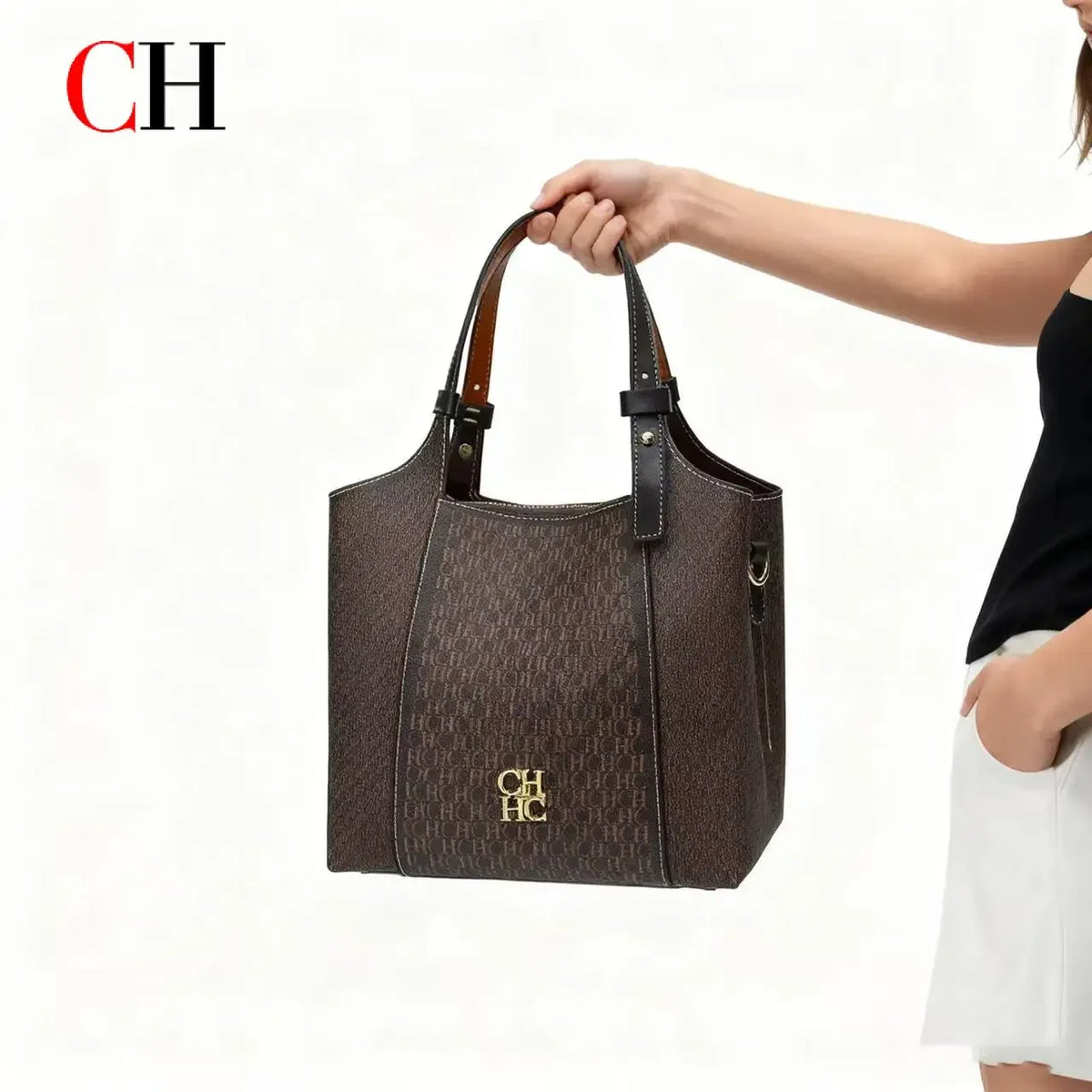 CH Light Luxury Maillard Tone Monogram Print Women's Tote Bag - Large-Capacity Multifunctional Stylish Handbag