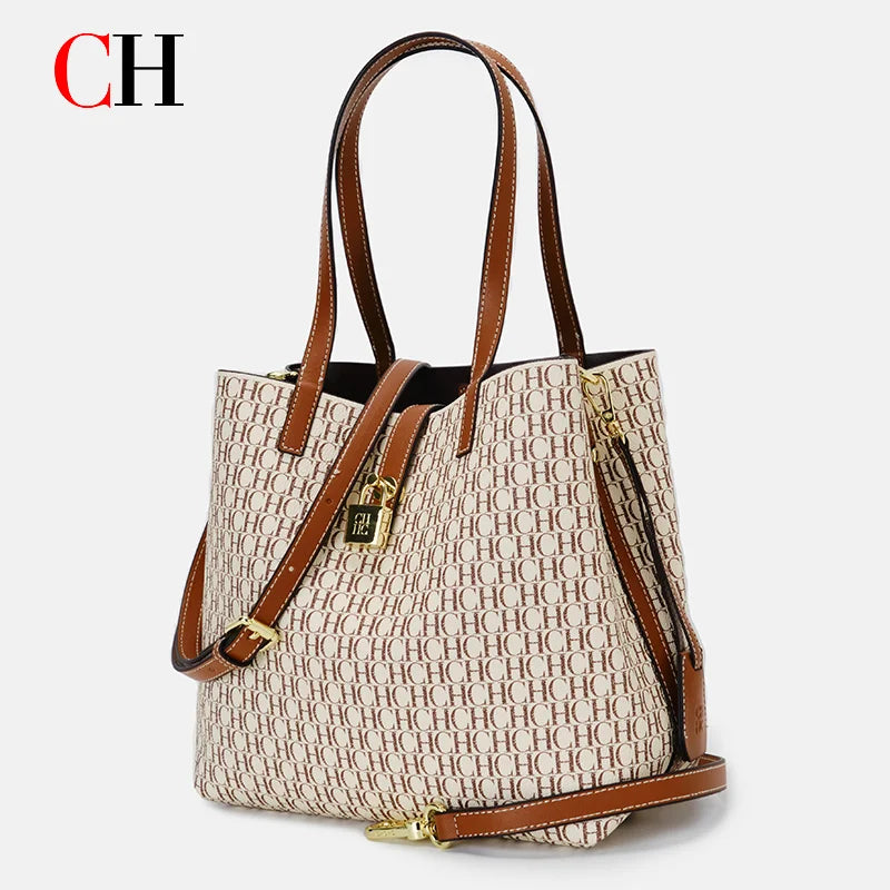 CH Women Tote Bag Luxury Handbag 2026 New Fashion Monogram Print Large Capacity Crossbody Shoulder Bag Ladies Commuter Purse