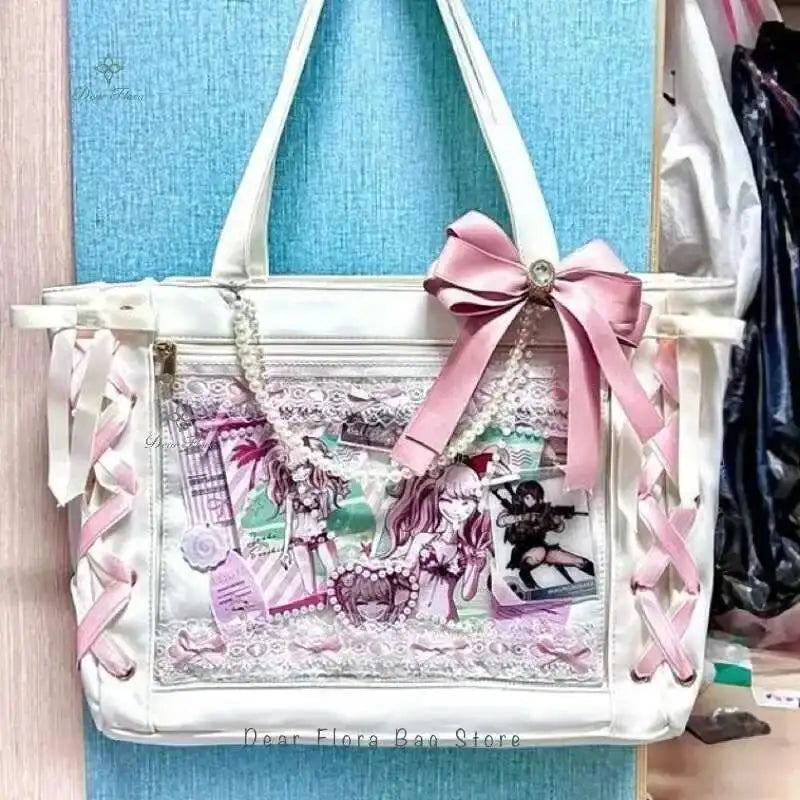 Japanese Sweet Women Ribbon Ita Bag Cute Lolita Girl Transparent Handbags Fashion Large Capacity Tote Bag Aesthetic Shoulder Bag.