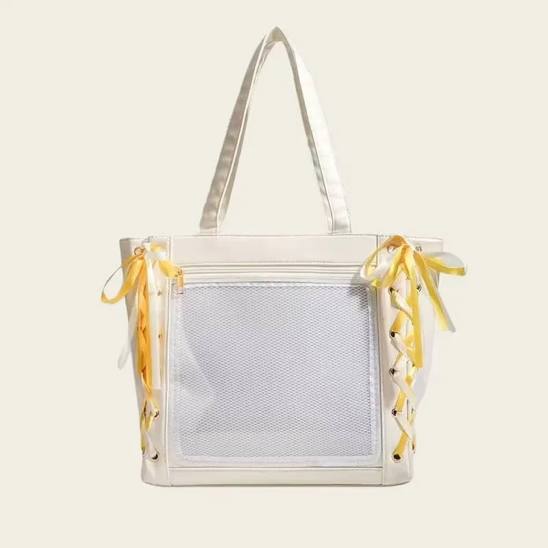 Japanese Sweet Women Ribbon Ita Bag Cute Lolita Girl Transparent Handbags Fashion Large Capacity Tote Bag Aesthetic Shoulder Bag.