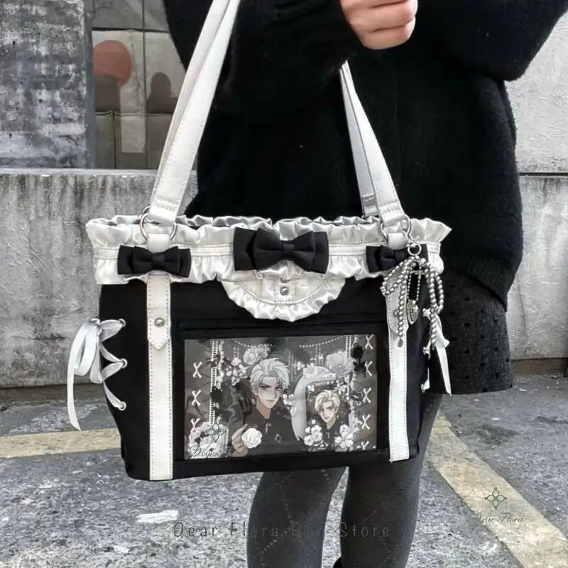 Japanese Sweet Women Ribbon Ita Bag Cute Lolita Girl Transparent Handbags Fashion Large Capacity Tote Bag Aesthetic Shoulder Bag.