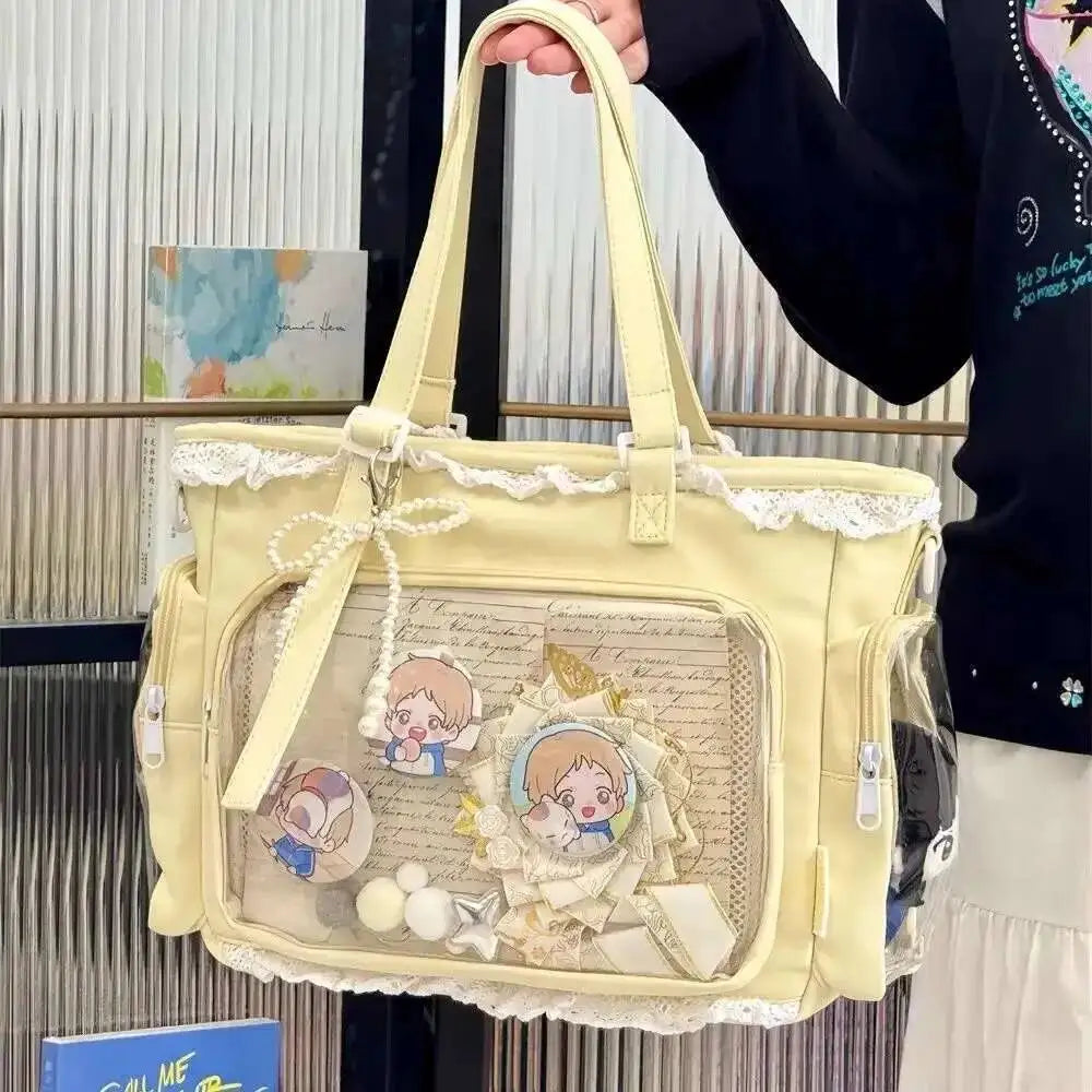 Japanese Sweet Women Ribbon Ita Bag Cute Lolita Girl Transparent Handbags Fashion Large Capacity Tote Bag Aesthetic Shoulder Bag.