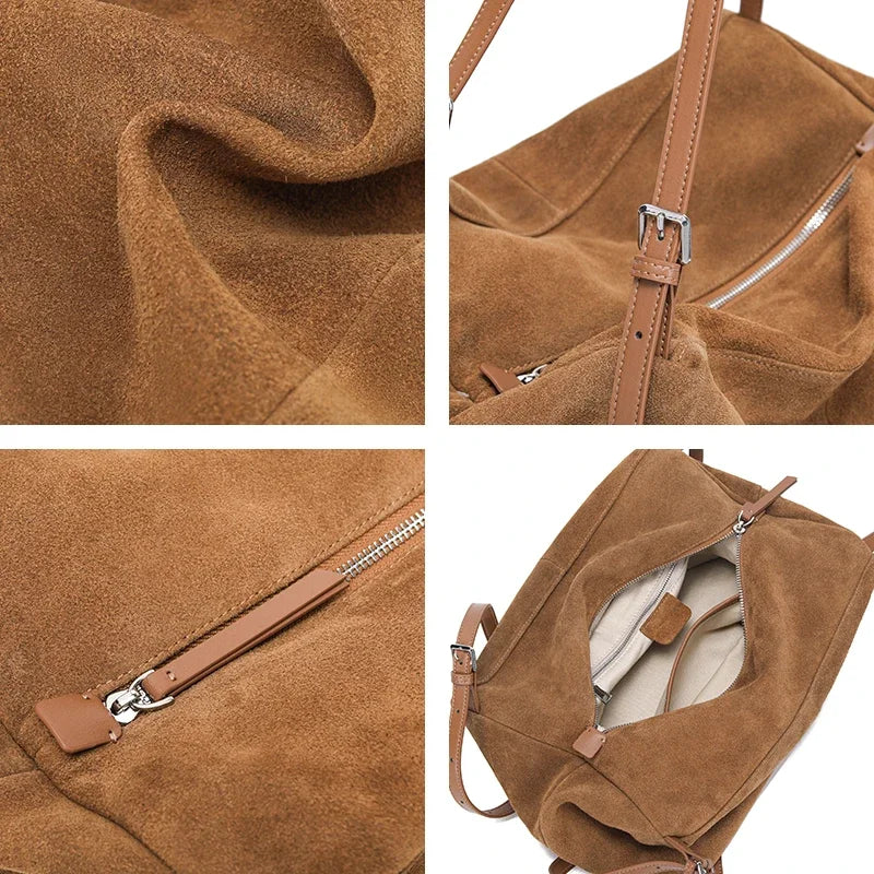 Women's Natural Nuede Genuine Leather Handbags Ladies Large Capacity Tote Bag Female Design Luxury Commuting Yoga Bag Hobo Bag