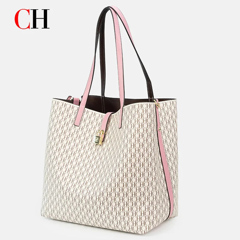 CH 2Pcs/Set Women Tote Bag Luxury Designer Monogram Print Large Capacity Shoulder Bag Office Commuter Handbag With Small Pouch