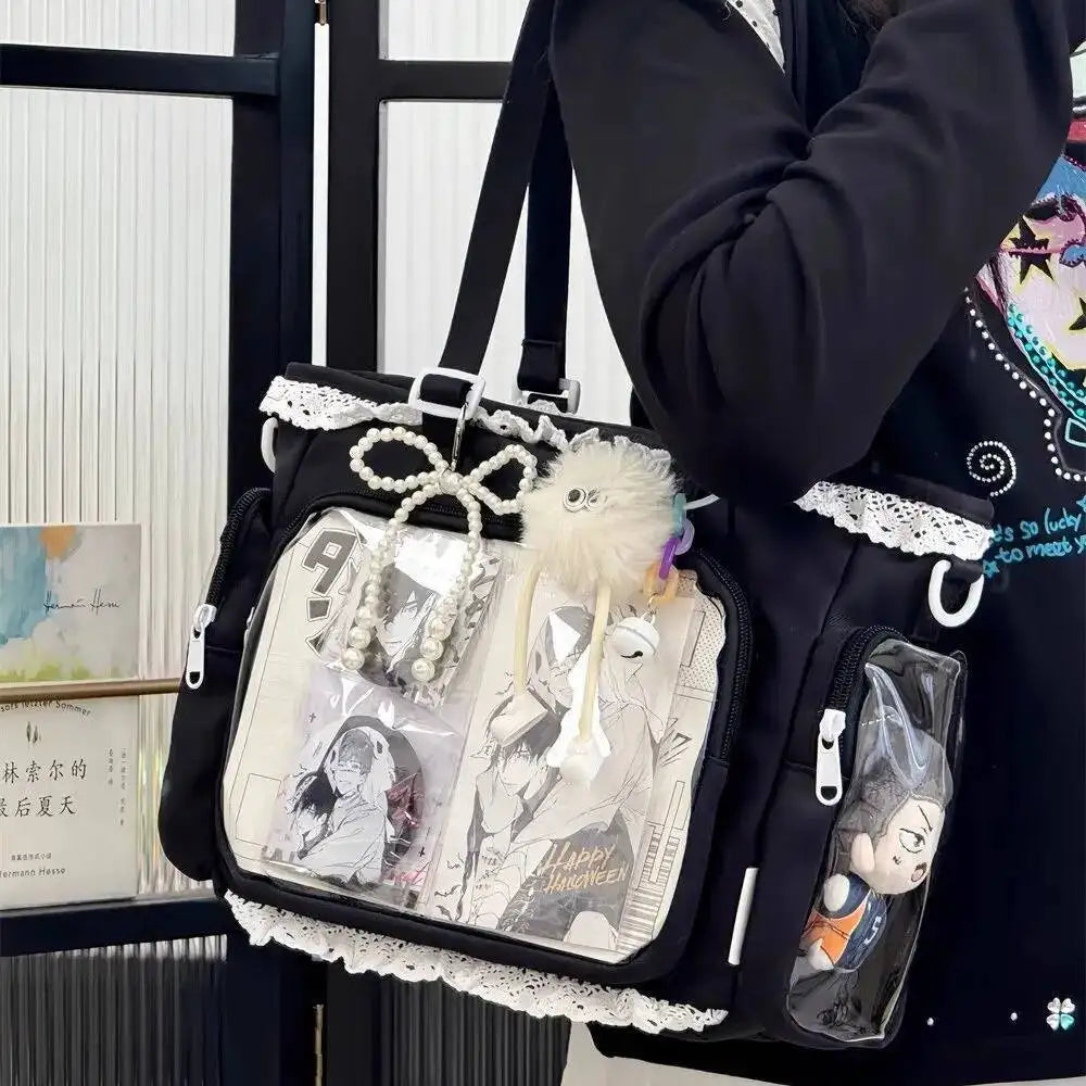Japanese Sweet Women Ribbon Ita Bag Cute Lolita Girl Transparent Handbags Fashion Large Capacity Tote Bag Aesthetic Shoulder Bag.
