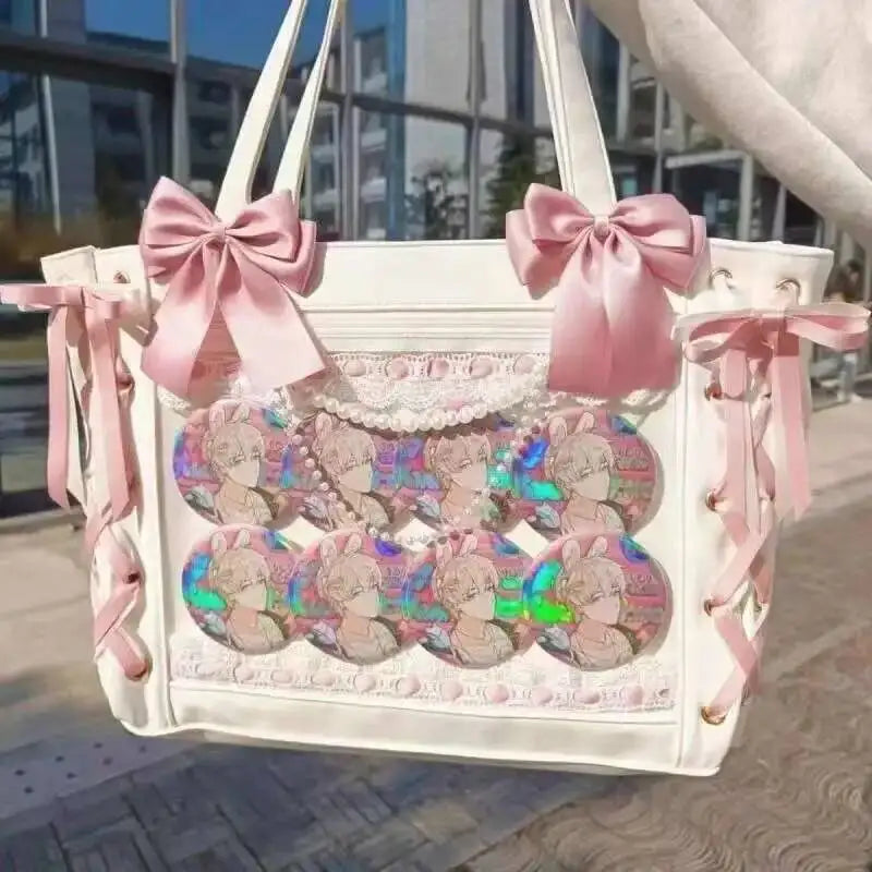 Japanese Sweet Women Ribbon Ita Bag Cute Lolita Girl Transparent Handbags Fashion Large Capacity Tote Bag Aesthetic Shoulder Bag.