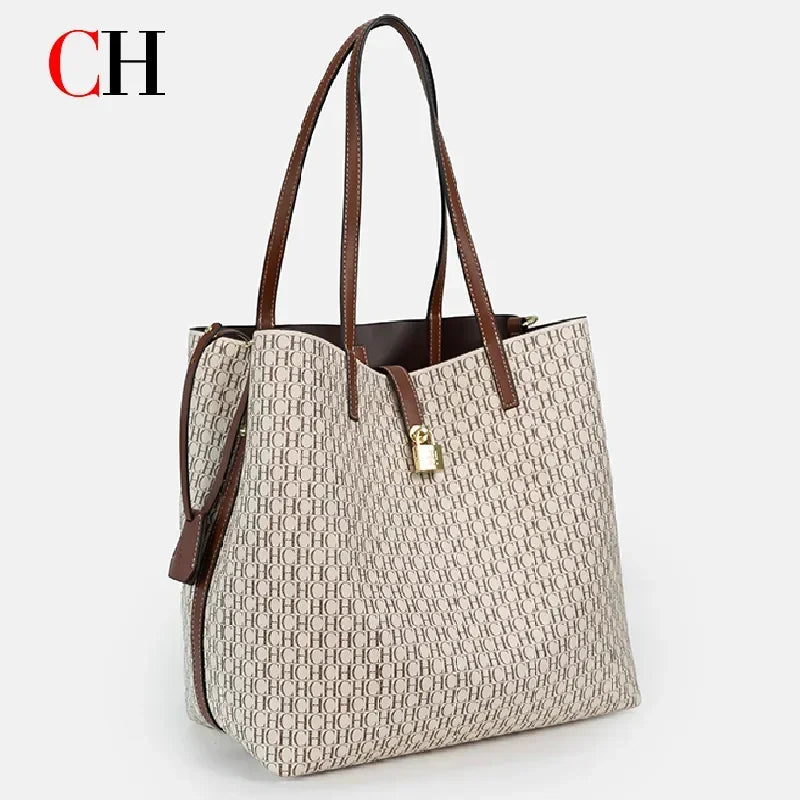 CH 2Pcs/Set Women Tote Bag Luxury Designer Monogram Print Large Capacity Shoulder Bag Office Commuter Handbag With Small Pouch