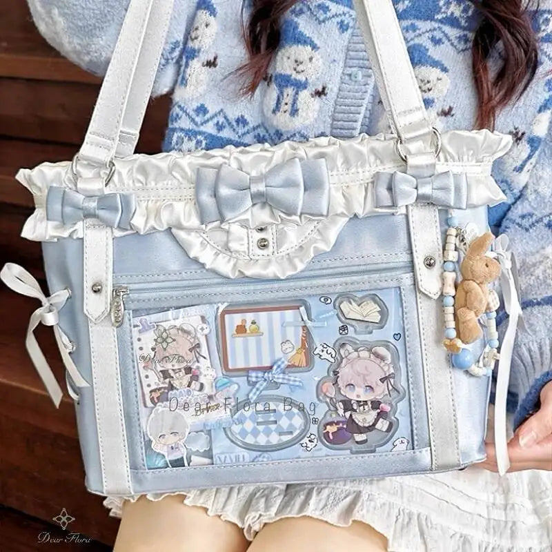 Japanese Sweet Women Ribbon Ita Bag Cute Lolita Girl Transparent Handbags Fashion Large Capacity Tote Bag Aesthetic Shoulder Bag.