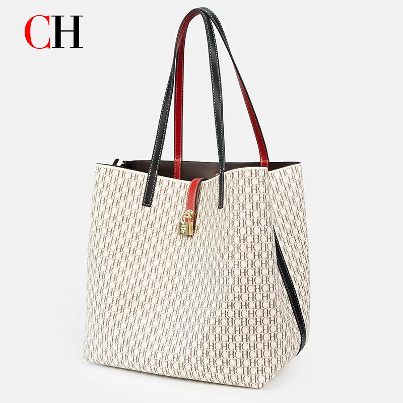 CH 2Pcs/Set Women Tote Bag Luxury Designer Monogram Print Large Capacity Shoulder Bag Office Commuter Handbag With Small Pouch