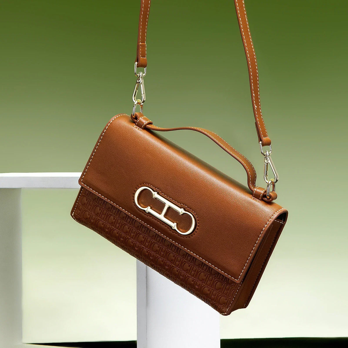 CH Premium Leather Handbag Monogram Embossing Metallic Clasp Portable Handle Structured Silhouette Ideal Office Evening Events