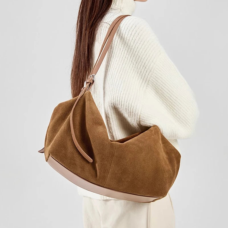 Women's Natural Nuede Genuine Leather Handbags Ladies Large Capacity Tote Bag Female Design Luxury Commuting Yoga Bag Hobo Bag