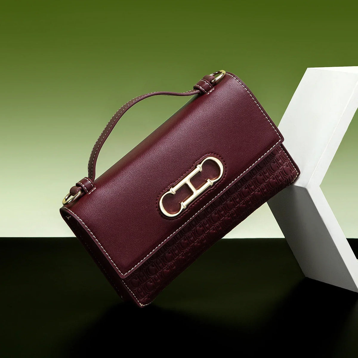 CH Premium Leather Handbag Monogram Embossing Metallic Clasp Portable Handle Structured Silhouette Ideal Office Evening Events