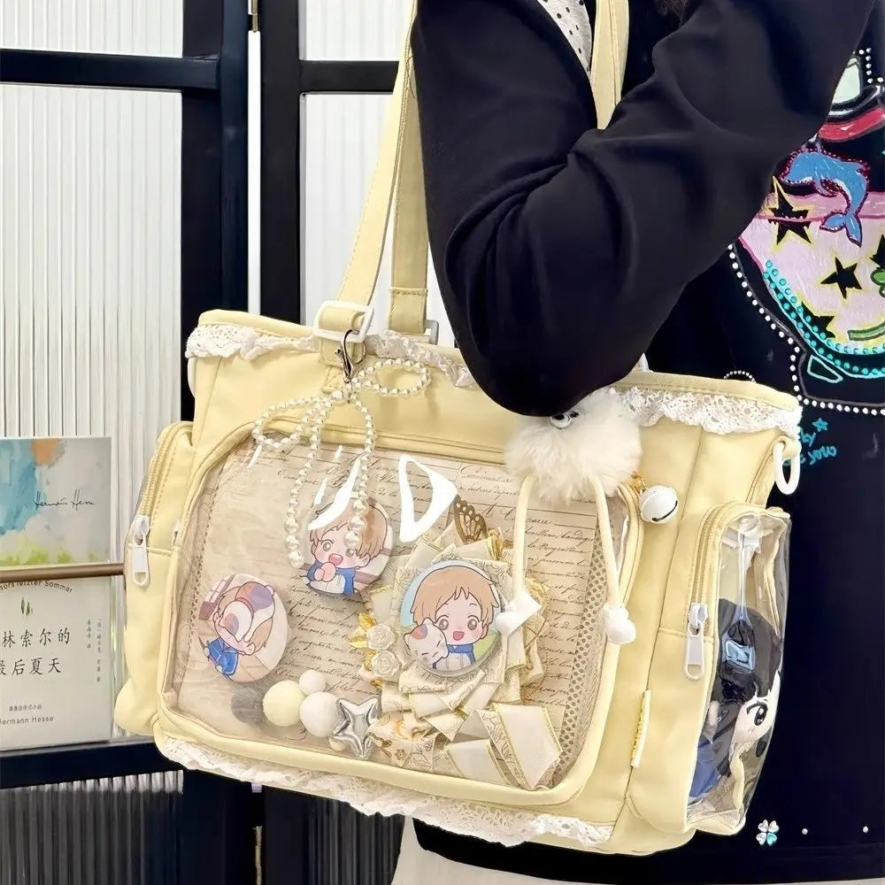 Japanese Sweet Women Ribbon Ita Bag Cute Lolita Girl Transparent Handbags Fashion Large Capacity Tote Bag Aesthetic Shoulder Bag.