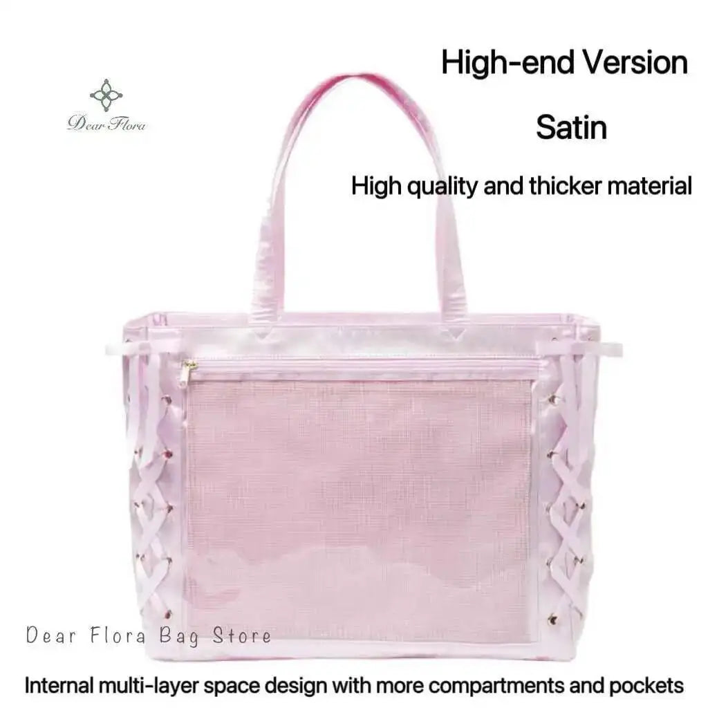 Japanese Sweet Women Ribbon Ita Bag Cute Lolita Girl Transparent Handbags Fashion Large Capacity Tote Bag Aesthetic Shoulder Bag.