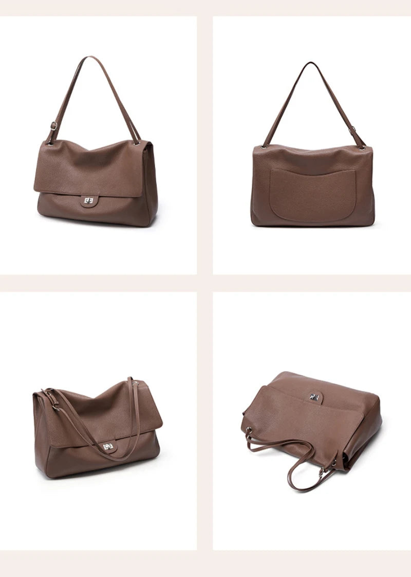 2026 Brand Designer Flap Lock Shoulder Bags Women Genuine Leather Large Capacity Lady Tote Bag INS Fashion Commute Messenger Bag