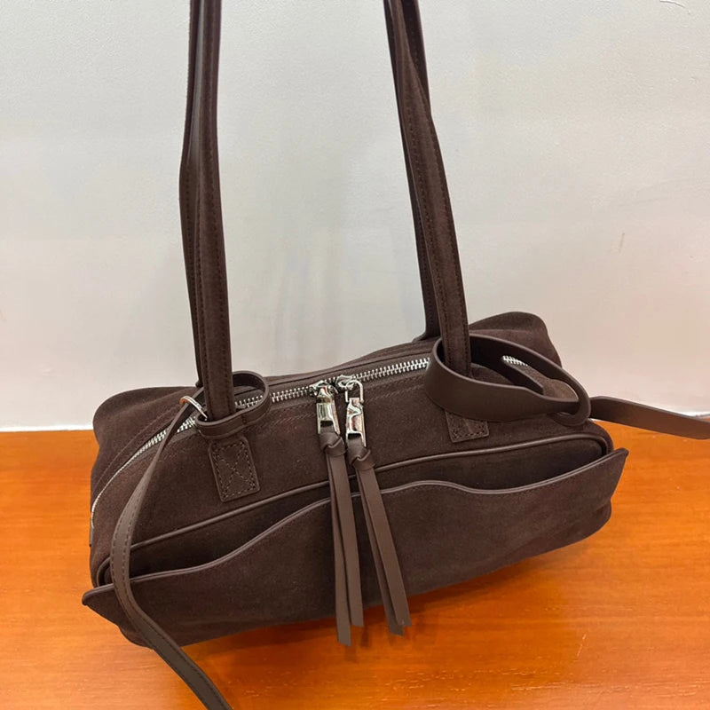 2026 Winter Suede Cowhide Leather Women Shoulder Bags Luxury Brand Design Women Handbags Genuine Leather Crossbody Bags Woman