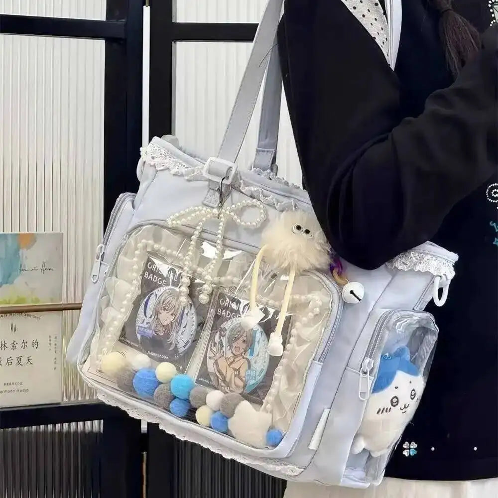 Japanese Sweet Women Ribbon Ita Bag Cute Lolita Girl Transparent Handbags Fashion Large Capacity Tote Bag Aesthetic Shoulder Bag.
