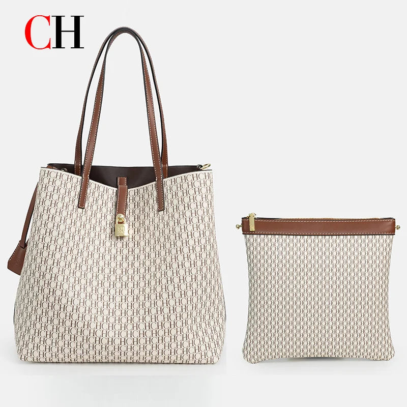 CH 2Pcs/Set Women Tote Bag Luxury Designer Monogram Print Large Capacity Shoulder Bag Office Commuter Handbag With Small Pouch